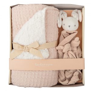 MANTA COCHE WAFFLE/CORALINA + DOUDOU ROSA EMPOLVADO BIMBIDREAMS